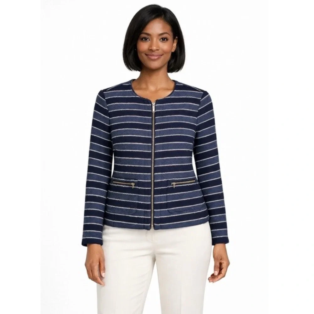 LOFT Navy Blue Striped Full Zip Textured‎ Cotton Blend Jacket 6 Nautical 53-11